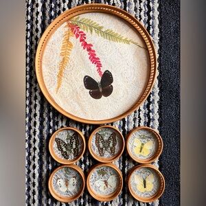 1970s Rattan Butterfly Serving Tray w/Six Coasters